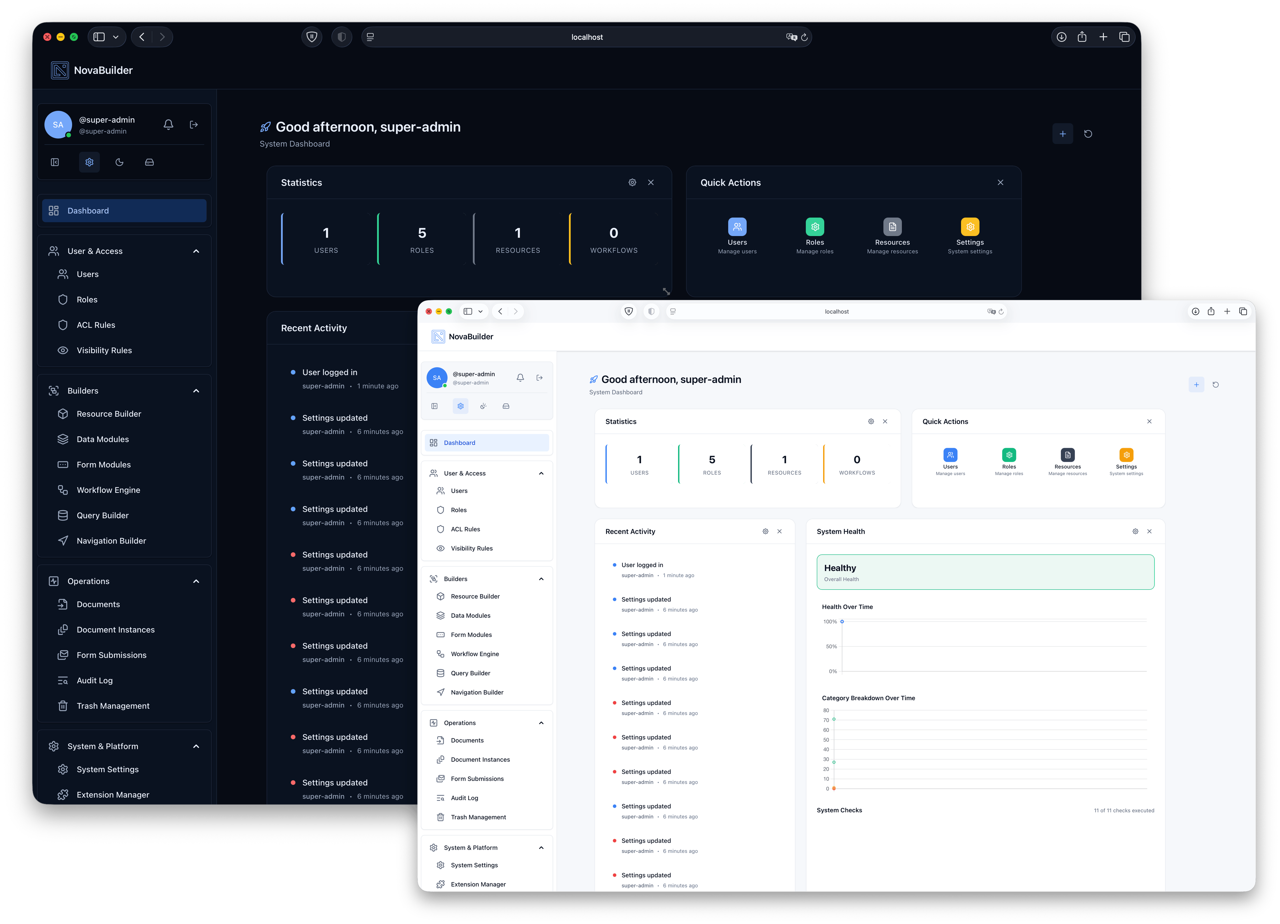 NovaBuilder dashboard showing business applications, workflows, and portals